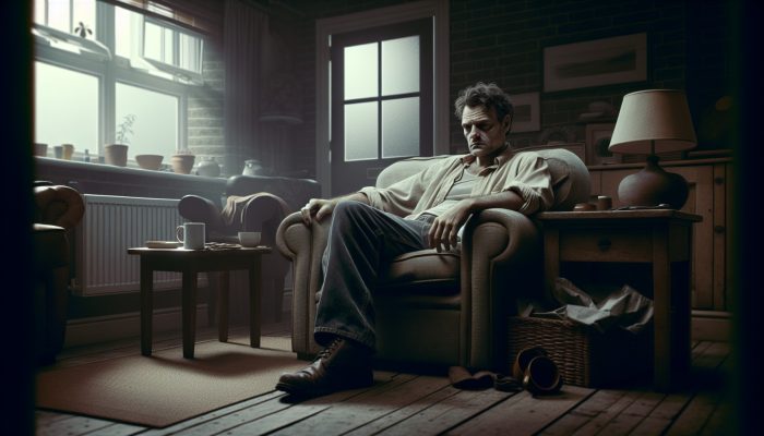 A fatigued middle-aged man in a dimly lit living room, illustrating the exhaustion associated with low testosterone.